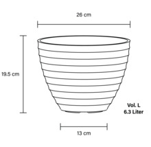 Schiță a unui ghiveci cu dimensiunile de 26 cm diametru sus, 13 cm diametru jos, 19,5 cm înălțime și volum de 6,3 litri