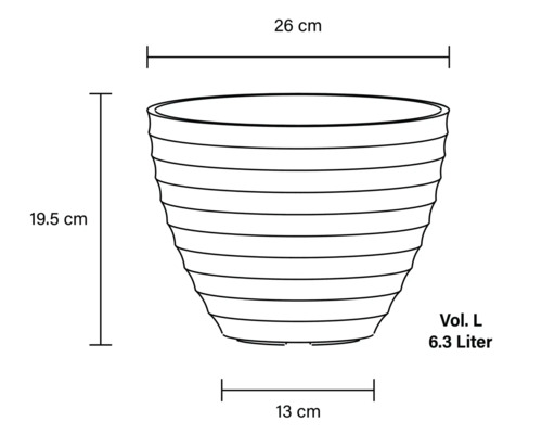 Schiță a unui ghiveci cu dimensiunile de 26 cm diametru sus, 13 cm diametru jos, 19,5 cm înălțime și volum de 6,3 litri