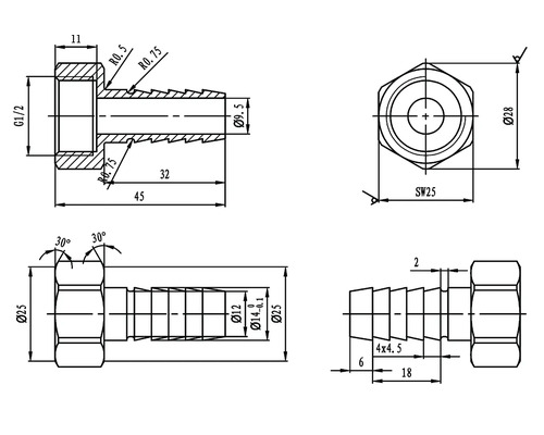 Desen tehnic al unui fiting pentru furtun, cu dimensiuni