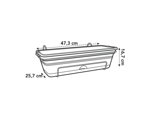 Imagine a unei jardiniere cu dimensiunile de 47,3 cm lungime, 16,7 cm înălțime și 25,7 cm adâncime.