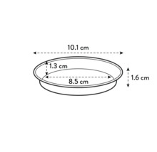 Dimensiunile unui vas rotund pentru plante: 10,1 cm lățime, 1,6 cm înălțime, diametru interior de 8,5 cm și adâncime de 1,3 cm
