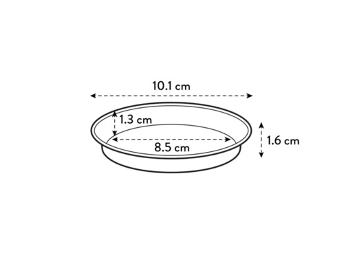 Dimensiunile unui vas rotund pentru plante: 10,1 cm lățime, 1,6 cm înălțime, diametru interior de 8,5 cm și adâncime de 1,3 cm