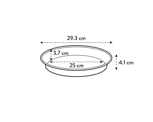 Desen tehnic al unui vas rotund pentru plante cu dimensiunile 29,3 cm x 25 cm x 4,1 cm x 3,7 cm.