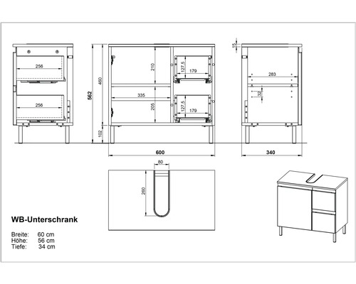 Desen tehnic al unui dulap de bază pentru chiuvetă cu dimensiuni