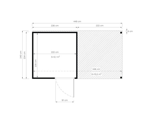 Desen schematic al unei căsuțe de grădină cu terasă și dimensiuni