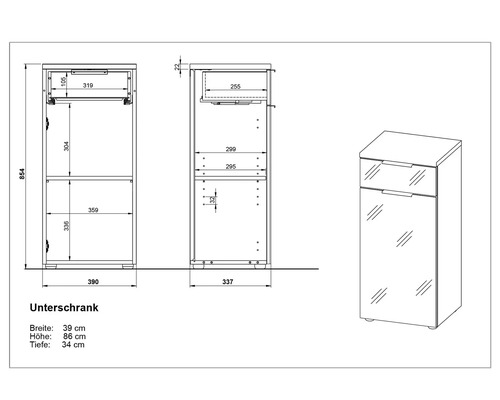 Desen tehnic al unui dulap inferior cu specificații de lățime, înălțime și adâncime