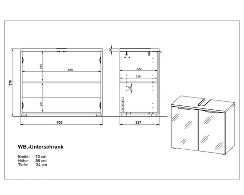 Desen tehnic al unui dulap sub chiuvetă cu dimensiuni