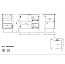 Desen tehnic al unui dulap de bază pentru chiuvetă cu dimensiuni