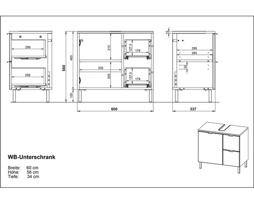 Desen tehnic al unui dulap de bază pentru chiuvetă cu dimensiuni