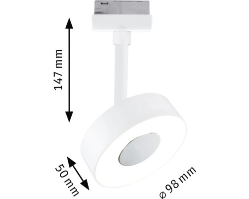Dimensiunile unei lămpi de șină albe: 147 mm înălțime, 50 mm adâncime și 98 mm diametru.
