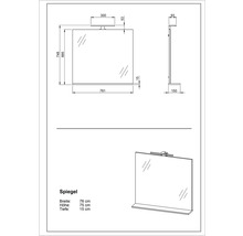 Desen tehnic al unei oglinzi cu dimensiunile de 76 cm lățime, 75 cm înălțime și 15 cm adâncime.