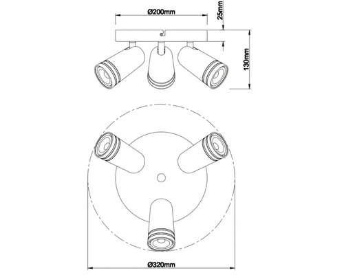 Desen tehnic al unei lămpi de plafon cu trei spoturi și indicații de dimensiuni