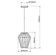 Desen tehnic al unei lămpi suspendate cu dimensiunile diametru 130 mm, diametru 250 mm, înălțime 305 mm și lungime 1550 mm.