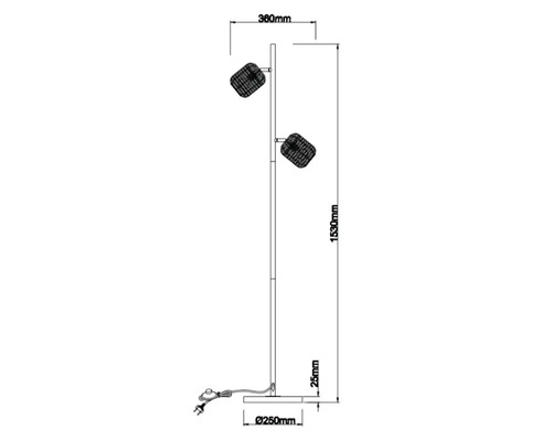 Desen tehnic al unei lămpi de podea cu două spoturi, dimensiuni de 360 mm lățime și 1530 mm înălțime.
