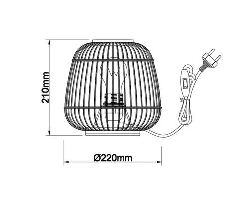 Desen tehnic al unei lămpi de masă cu dimensiunile de 210 mm înălțime și 220 mm diametru.