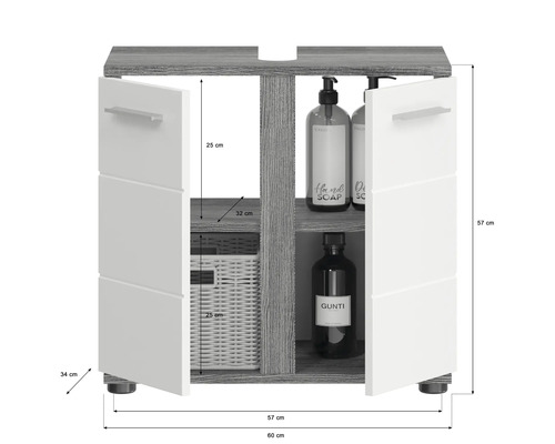 Dulap de bază pentru lavoar cu două uși deschise, rafturi, coș și sticle