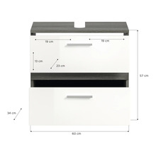 Dulap sub chiuvetă cu două sertare și dimensiuni.