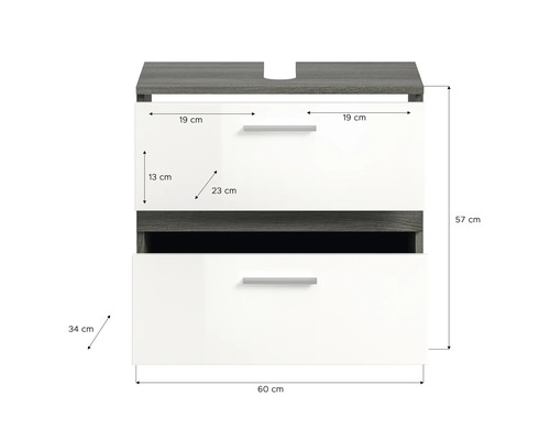 Dulap sub chiuvetă cu două sertare și dimensiuni.