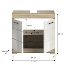 Dulap de bază pentru lavoar cu uși deschise și dimensiuni.