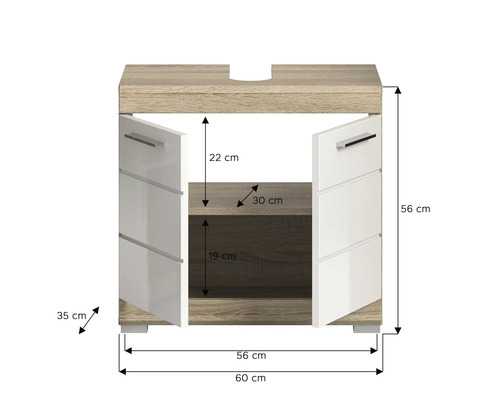 Dulap de bază pentru lavoar cu uși deschise și dimensiuni.