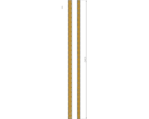 Două șipci din lemn, fiecare de 2400 mm lungime, cu decupaje și găuri pentru sisteme de rafturi