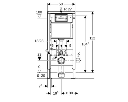 Desen tehnic al unui element de instalație Geberit cu dimensiuni