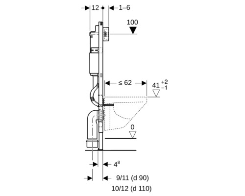 Desen tehnic cu dimensiunile unui rezervor WC încastrat
