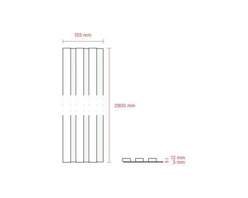 Desen tehnic al unei placări de fațadă cu dimensiunile de 155 mm lățime, 2800 mm lungime și 12 mm înălțime