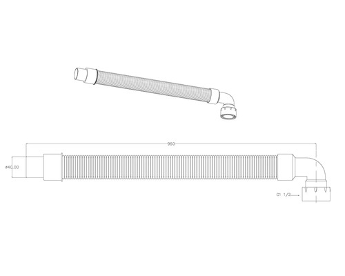 Desen tehnic al unui sifon cu dimensiunile de 40 milimetri și 960 milimetri