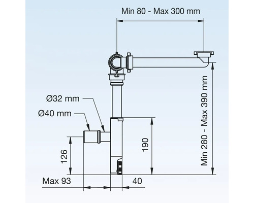 Imagine cu dimensiuni pentru un sifon