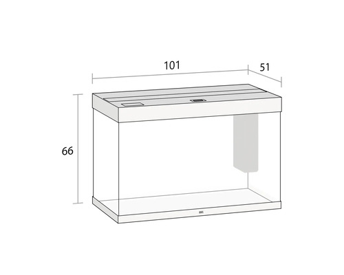 Imagine a unui acvariu cu dimensiunile: 101, 66 și 51 de centimetri.