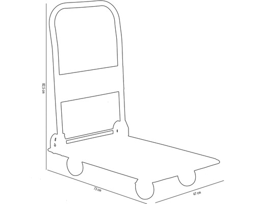 Imagine cu un cărucior cu dimensiunile 82,5 cm înălțime, 73 cm lungime și 47 cm lățime.