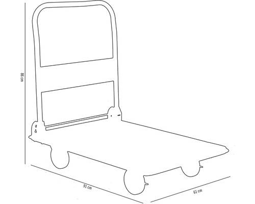 Cărucior de mână cu dimensiunile de 86 cm înălțime, 91 cm lungime și 61 cm lățime.