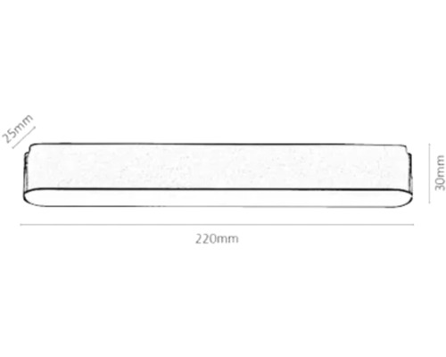 Schiță a unei lămpi cu lungimea de 220 milimetri, înălțimea de 30 milimetri și lățimea de 25 milimetri