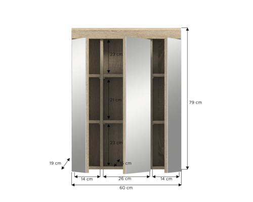 Dimensiunile unei oglinzi de baie cu uși deschise și compartimente interioare
