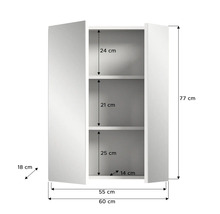 Imaginea unui dulap de baie alb cu dimensiunile de 77 cm înălțime, 60 cm lățime și 18 cm adâncime.