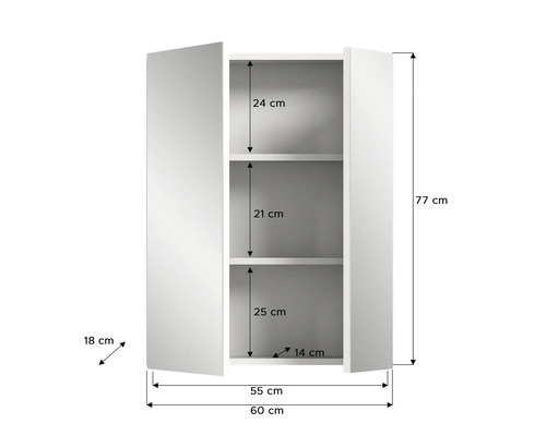 Imaginea unui dulap de baie alb cu dimensiunile de 77 cm înălțime, 60 cm lățime și 18 cm adâncime.
