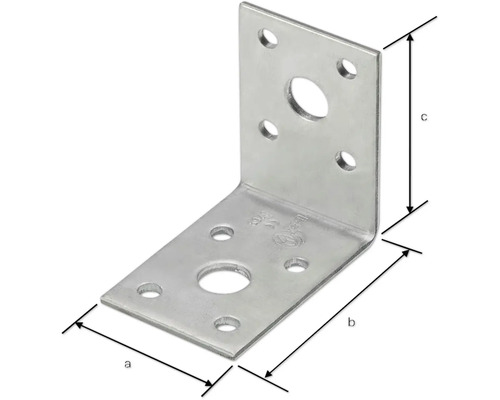 Conector unghiular din metal cu găuri și indicații de dimensiuni