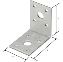 Conector unghiular din metal cu găuri pentru șuruburi și dimensiuni.