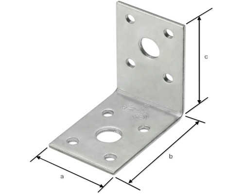 Conector unghiular din metal cu găuri pentru șuruburi și dimensiuni.