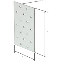 Placă de conectare metalică cu găuri de foraj și indicații de dimensiune a, b, c.