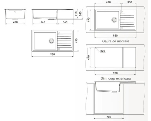 Desen tehnic al unei chiuvete de bucătărie cu dimensiuni
