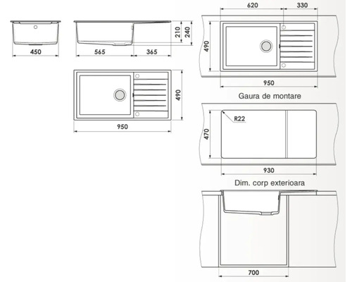 Desen tehnic al unei chiuvete cu dimensiuni