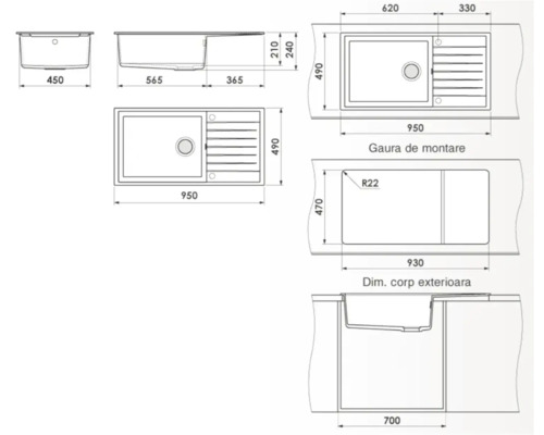Desen tehnic al unei chiuvete cu dimensiuni.