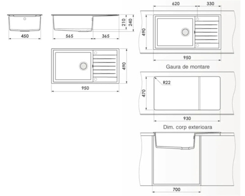 Desen tehnic al unei chiuvete cu dimensiuni