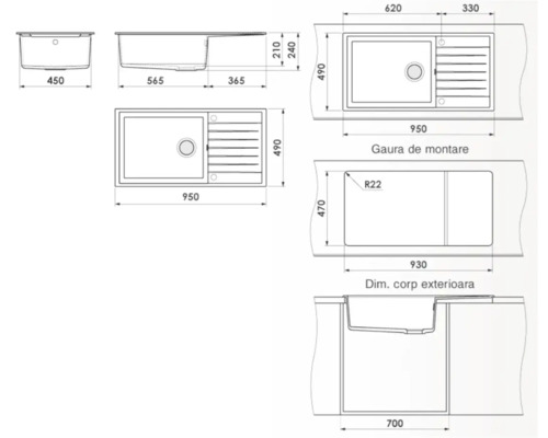 Desen tehnic al unei chiuvete cu dimensiuni