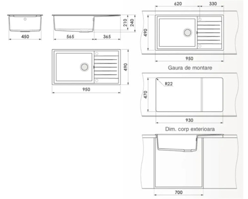 Desen tehnic cu dimensiunile unei chiuvete de bucătărie