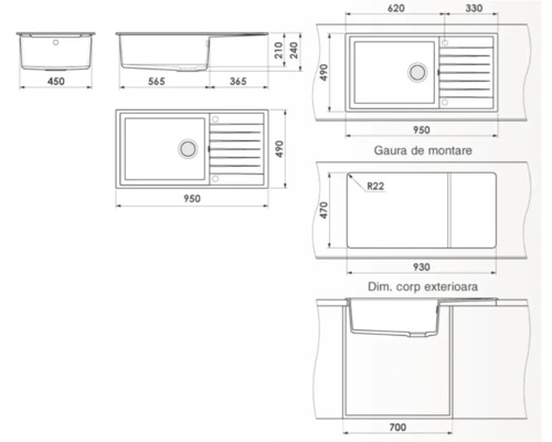 Desen tehnic al unei chiuvete de bucătărie cu dimensiuni
