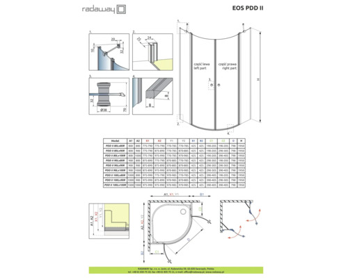 Desen tehnic al cabinei de duș Radaway EOS PDD II cu dimensiuni și detalii