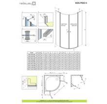 Desen tehnic al cabinei de duș Radaway EOS PDD II cu dimensiuni